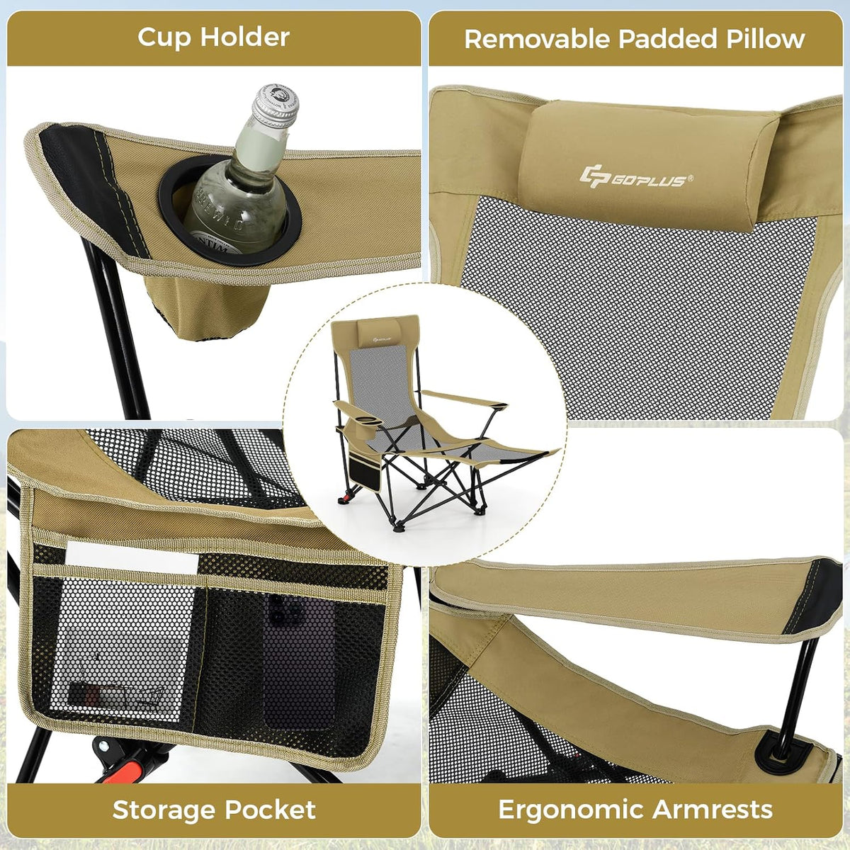 Goplus Camping Lounge Chair w/Detachable Footrest, Folding Beach Chair w/4-po...