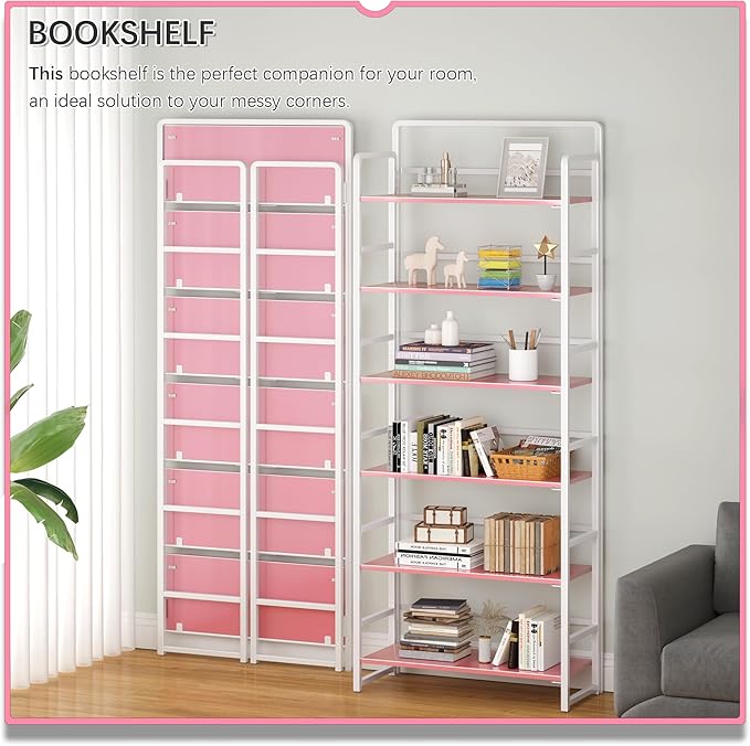 4NM No Assembly 6 Tiers Folding Bookshelf Storage Shelves Vintage Bookcase - Image 3