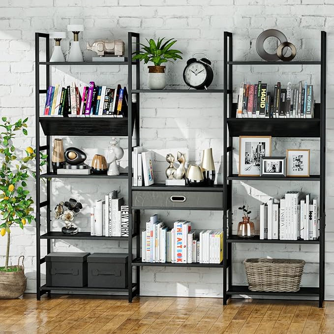 NUMENN Triple Wide 5 Tier Bookshelf, Adjustable Rustic Industrial Style Book - Image 5