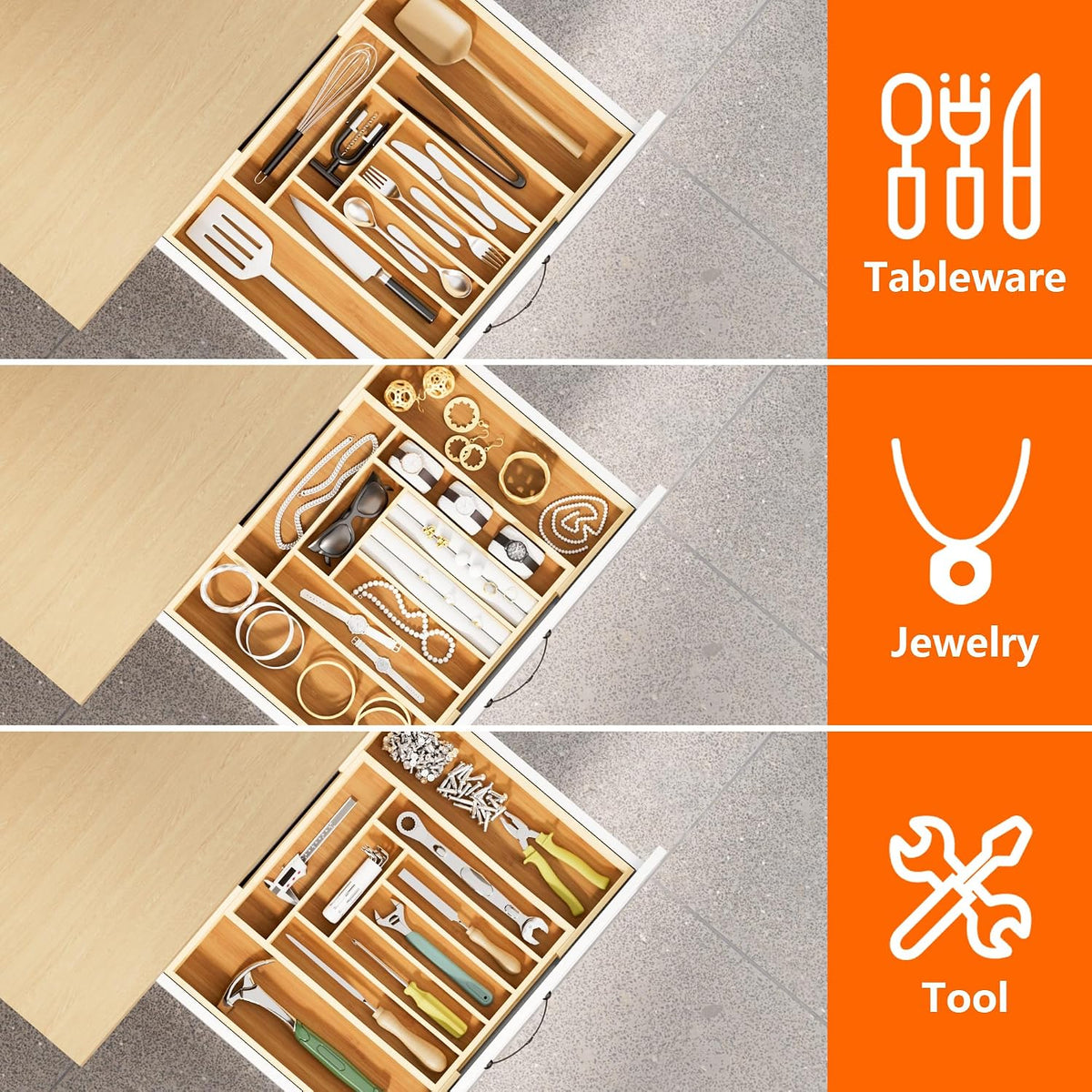 Expandable Bamboo Drawer Organizer Cutlery 7-9 Slots Natural