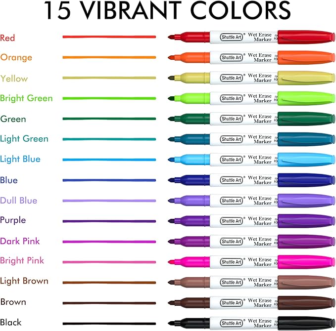 Shuttle Art Wet Erase Markers, 15 Colors 1mm Fine Tip Smudge-Free Markers - Image 3