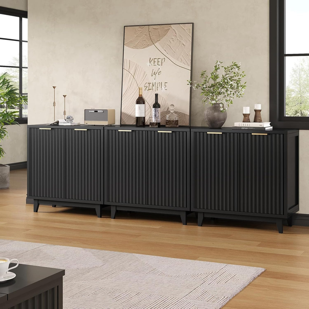 Befrases Buffet Cabinet with Storage 3 Pieces Modern Fluted Sideboard with Ad...