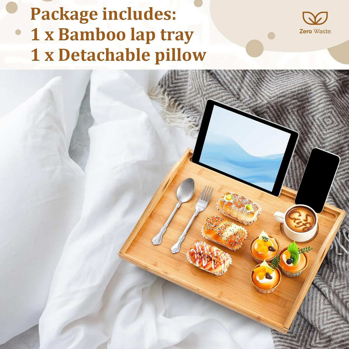 Pickmesh 1 Pcs Bamboo Lap Tray with Detachable Pillow, Wood Color