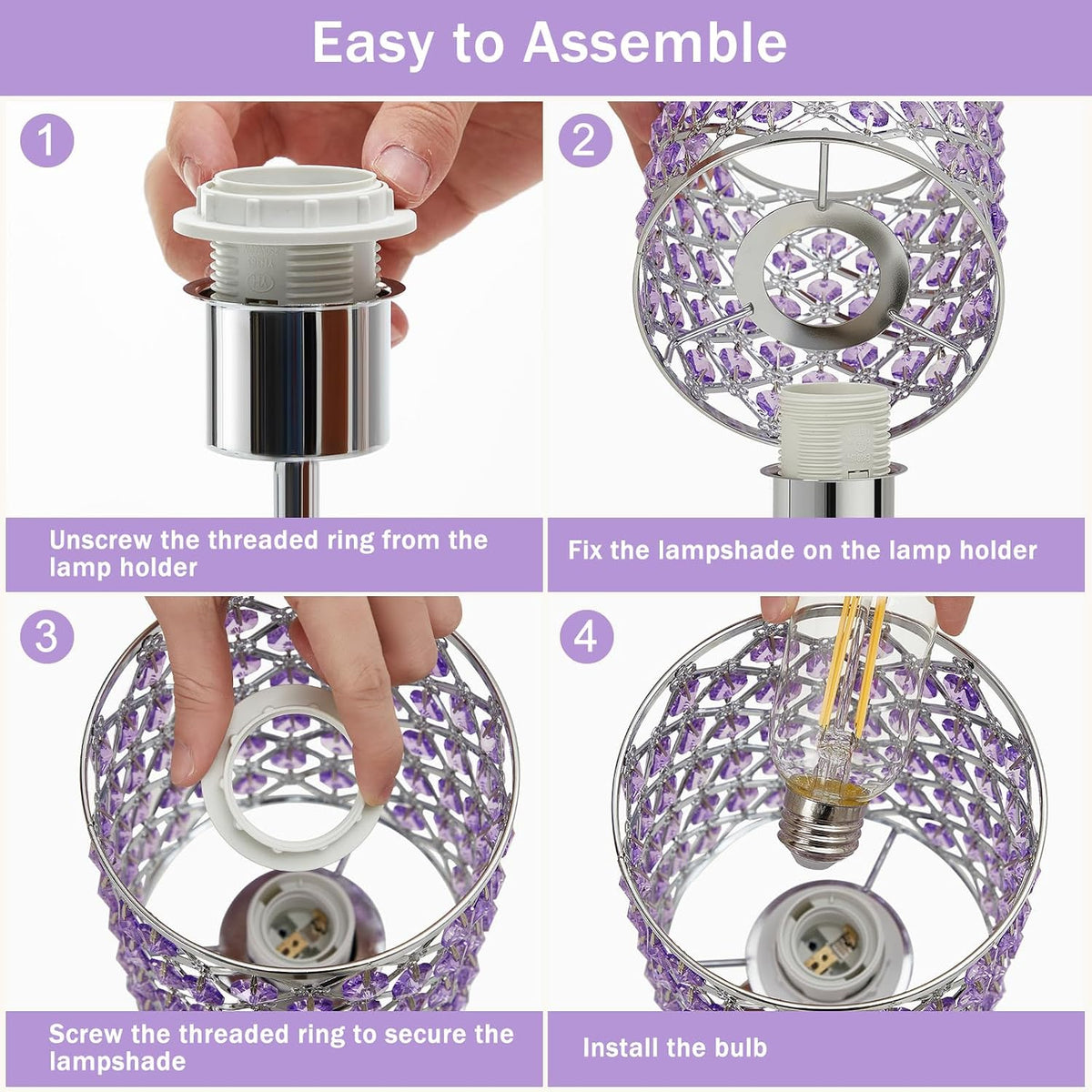 Crystal Table Lamp, Purple Touch Lamp with USB C+A Port, 3-Way Dimmable