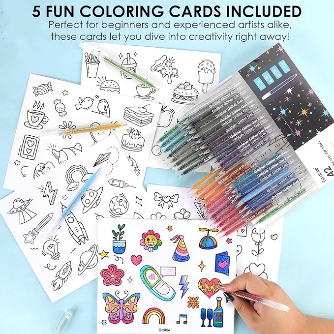 Grabie 42 Capped Glitter Gel Pen Set, 18 Iridescent&24 Essential Color Pens - Image 6