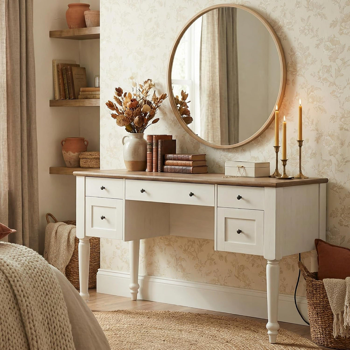 WAMPAT Farmhouse Vanity Desk with 5 Drawers, Off White Makeup Vanity Table