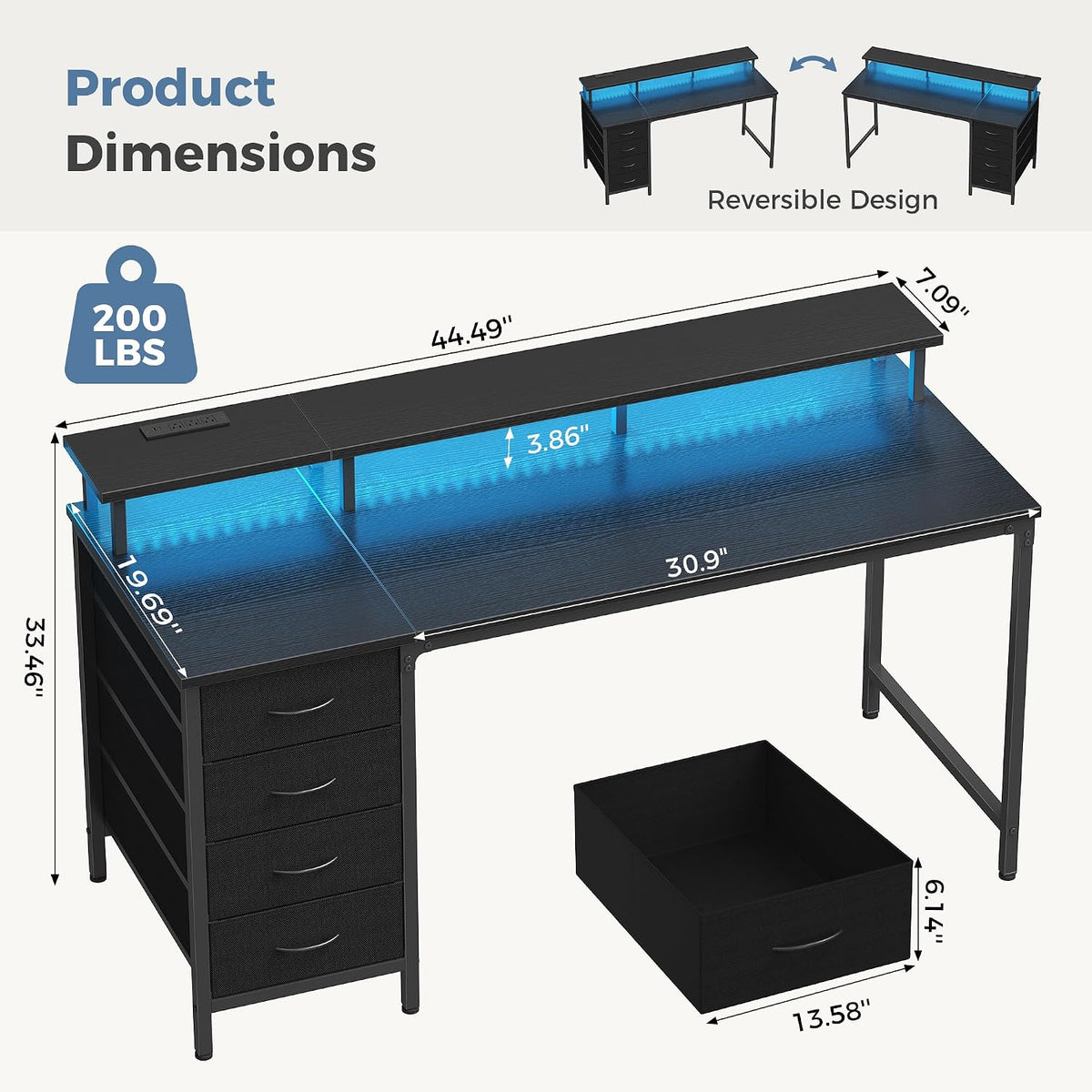 DUMOS 47-Inch Gaming Computer Desk with Drawers for Home Office, Black