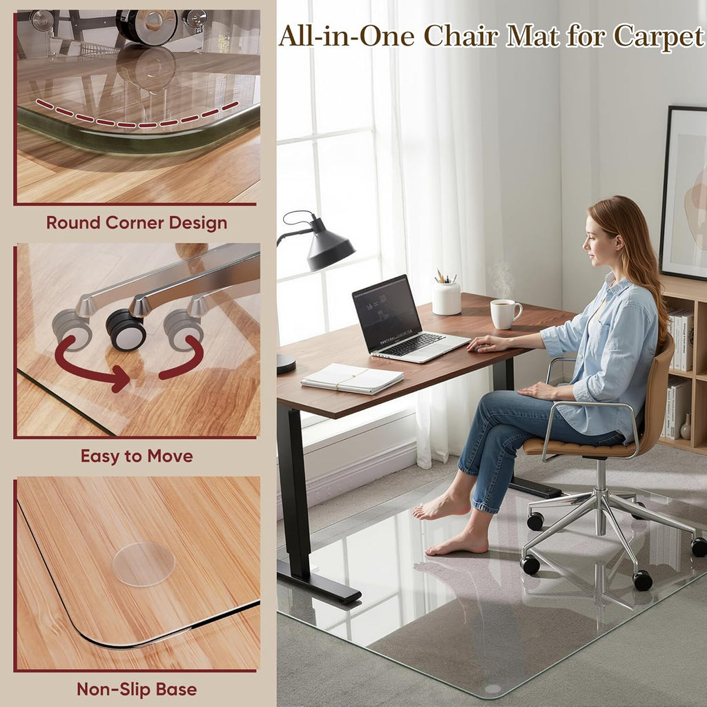 30" x 48" Tempered Glass Office Chair Mat for Carpet & Hardwood Floor, 1/5" Thick Clear Floor Protector Desk Chair Mat with Rounded and Polished Edges