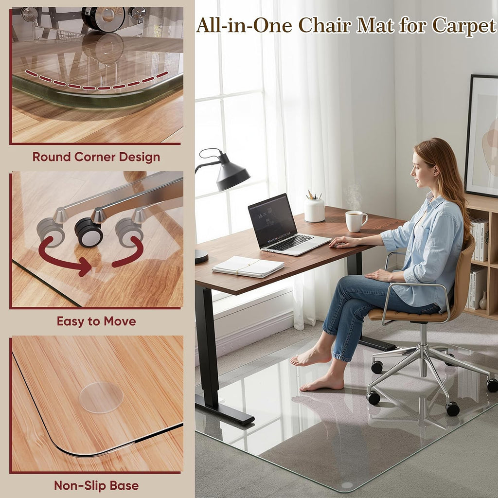 Tempered Glass Chair Mat for Hardwood Floor & Low Pile Carpet, 30" x 48" Heavy Duty Office Chair Mat with Non-Slip Pads, Scratch Resistant Floor Protector for Home Office