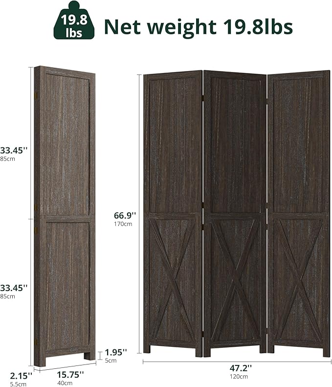 Cozy Castle Wood Room Divider, 3 Panels Folding Privacy Screen, 66.9'' Wall - Image 2
