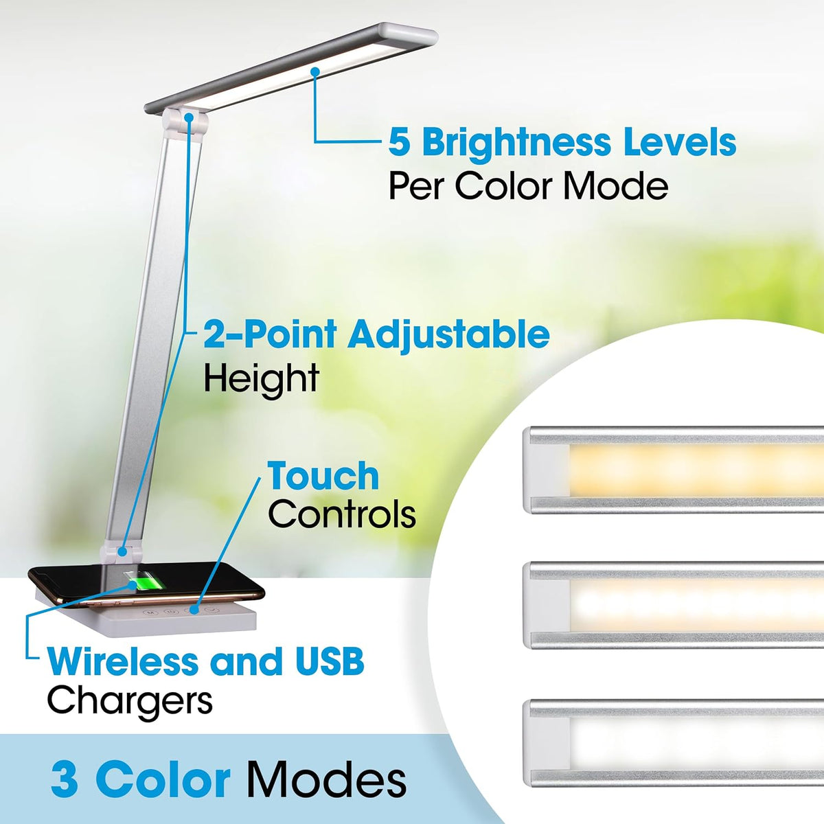 OttLite Entice LED Desk Lamp with Wireless Charging, White and Silver