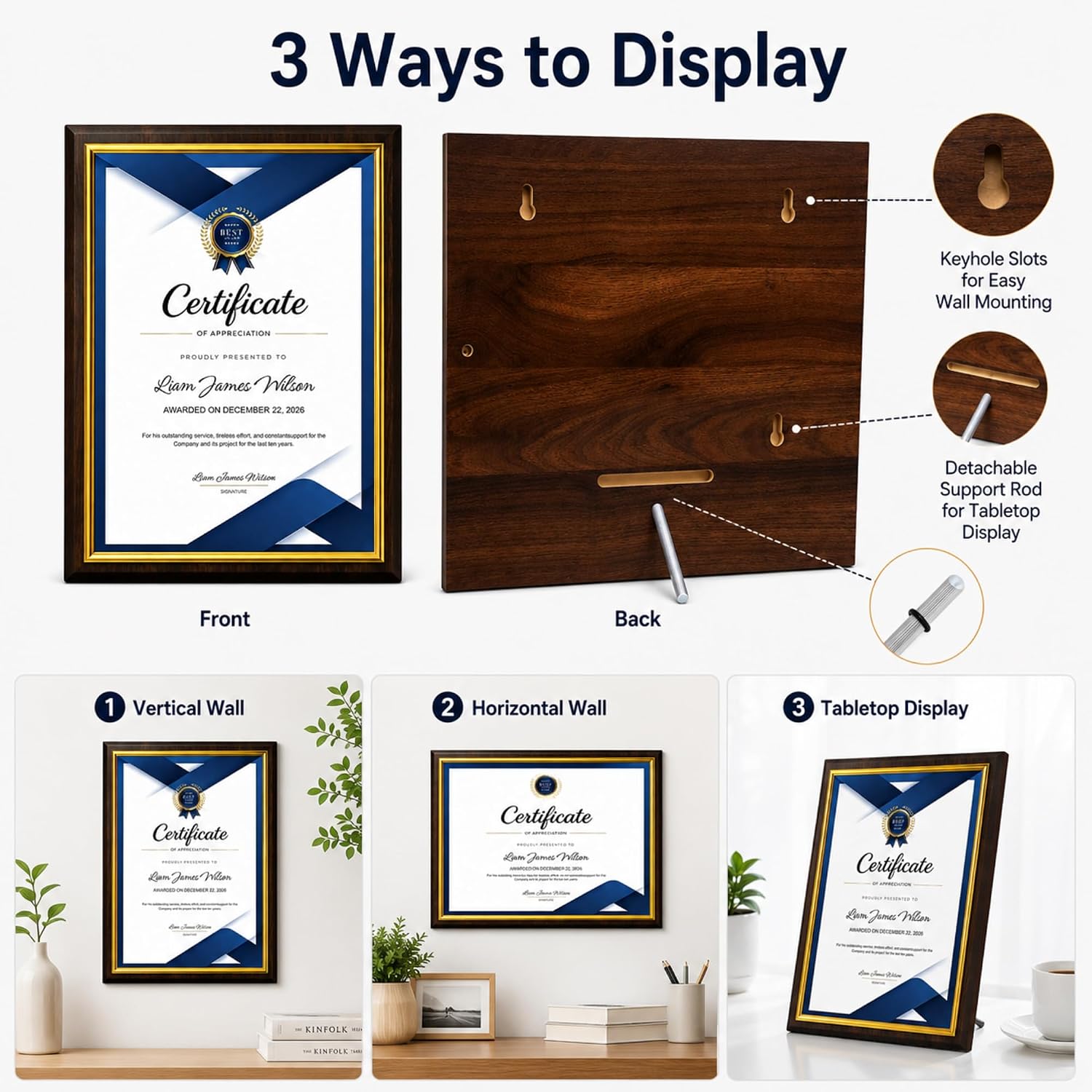 Certificate Plaque Award 8.5 x 11" Cherry Wood Grain, Gold Border | Slide-in acrylic cover,10.5x13 in High density engineered wood, for awards, diplomas, volunteer gifts, family wall, School