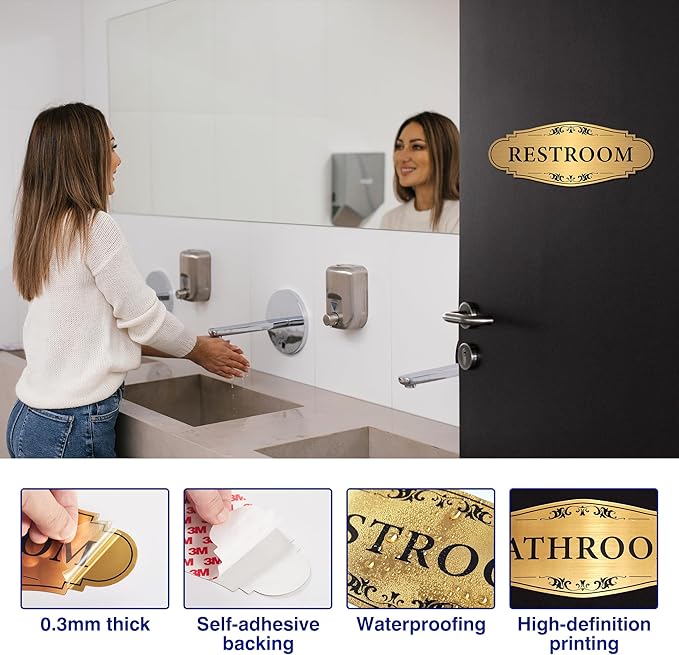 Restroom Sign Sticker for Business & Home, Self-Adhesive Brushed Gold Elegant - Image 3