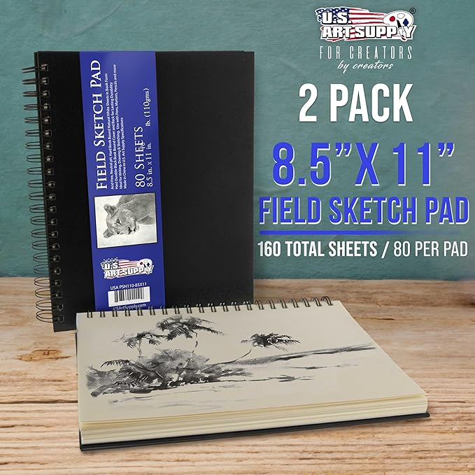 U.S. Art Supply 8.5" x 11" Premium Hardbound Sketch Book, 2 Pack, 80 Sheets Each - Image 2