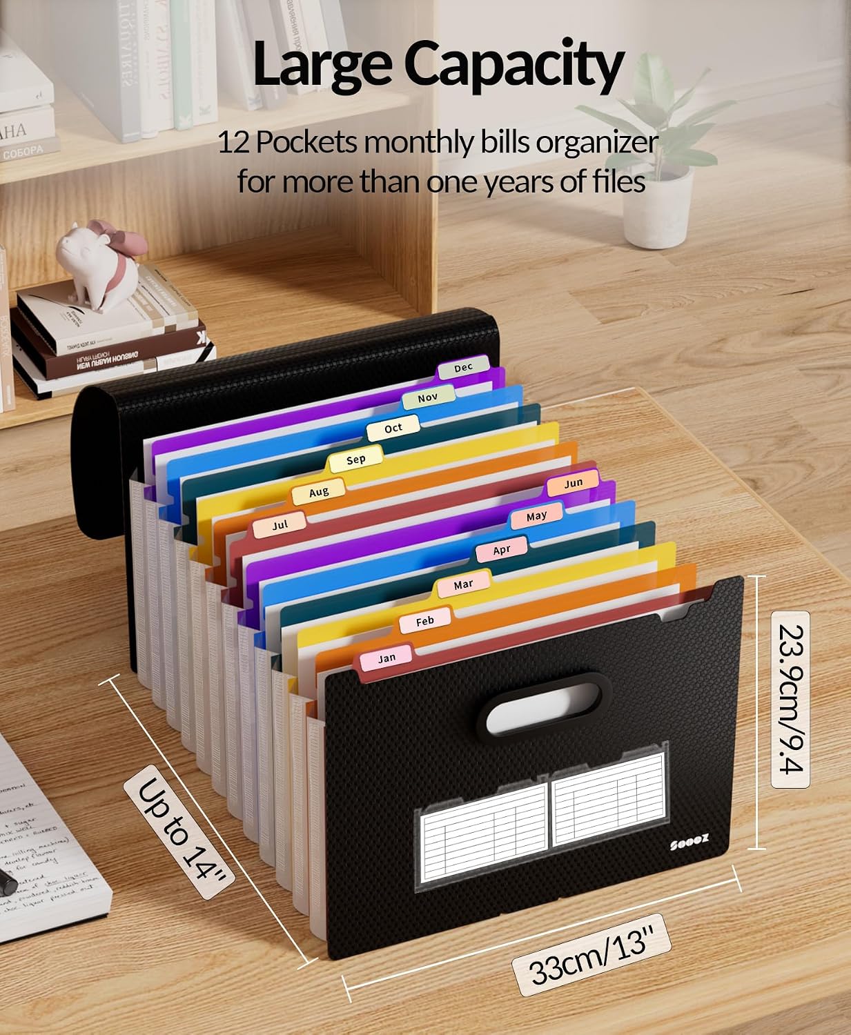 Sooez Accordion File Organizer, 13-Pocket Expanding File Folder Letter Size | Deeper 13-Pocket Keep Index Tabs Visible, Thickened Cover, Monthly Bill Paper Receipt Document Organizer, Home Office School