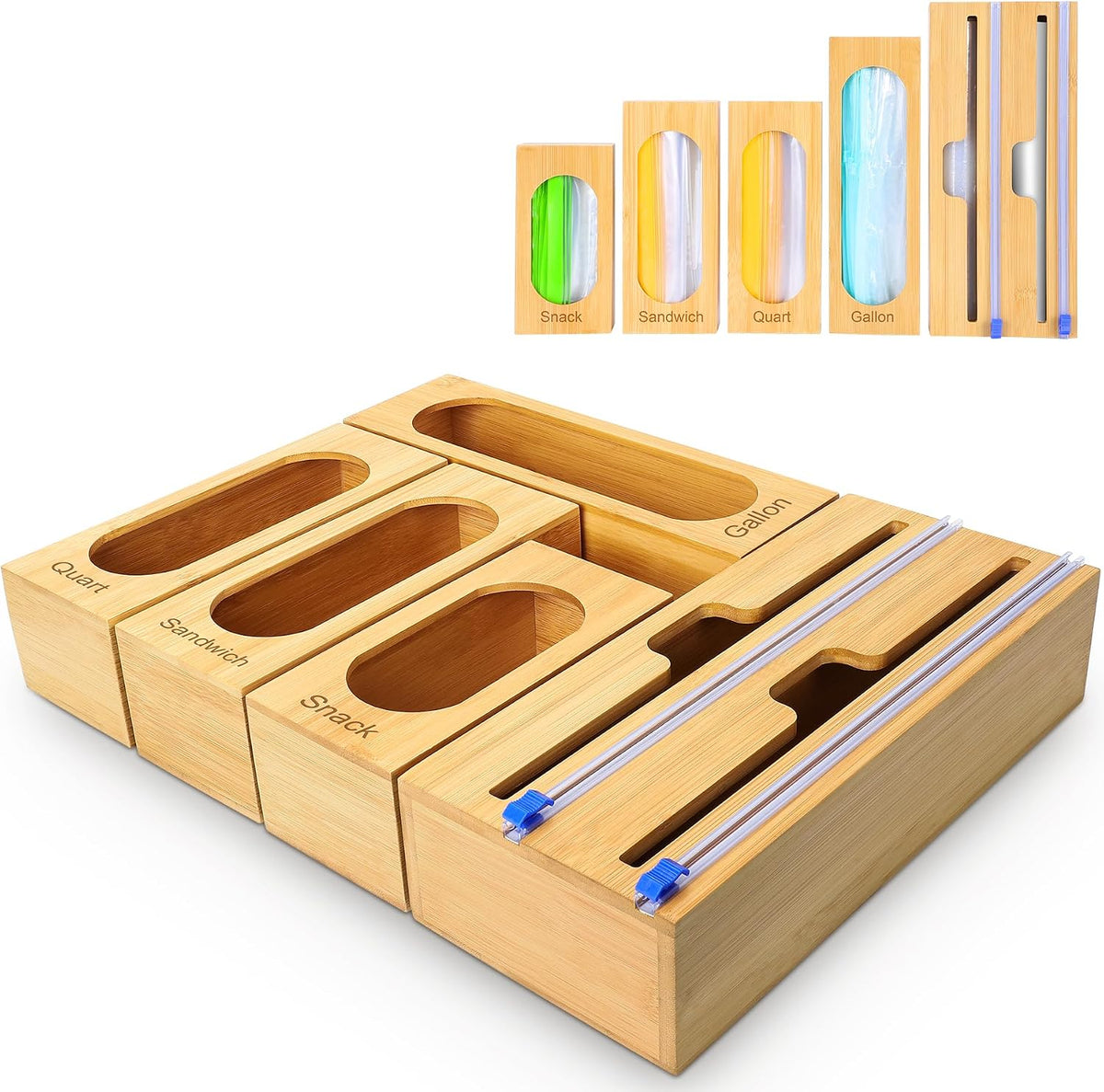 Storage Bag Organizer for Kitchen Drawer, 5-Slot, Bamboo