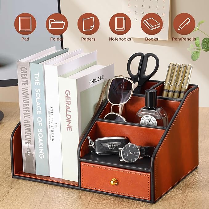 KINGFOM PU Leather Desk Organizer, Pen Pencil Holder/Book Mail Organizer Holder - Image 4