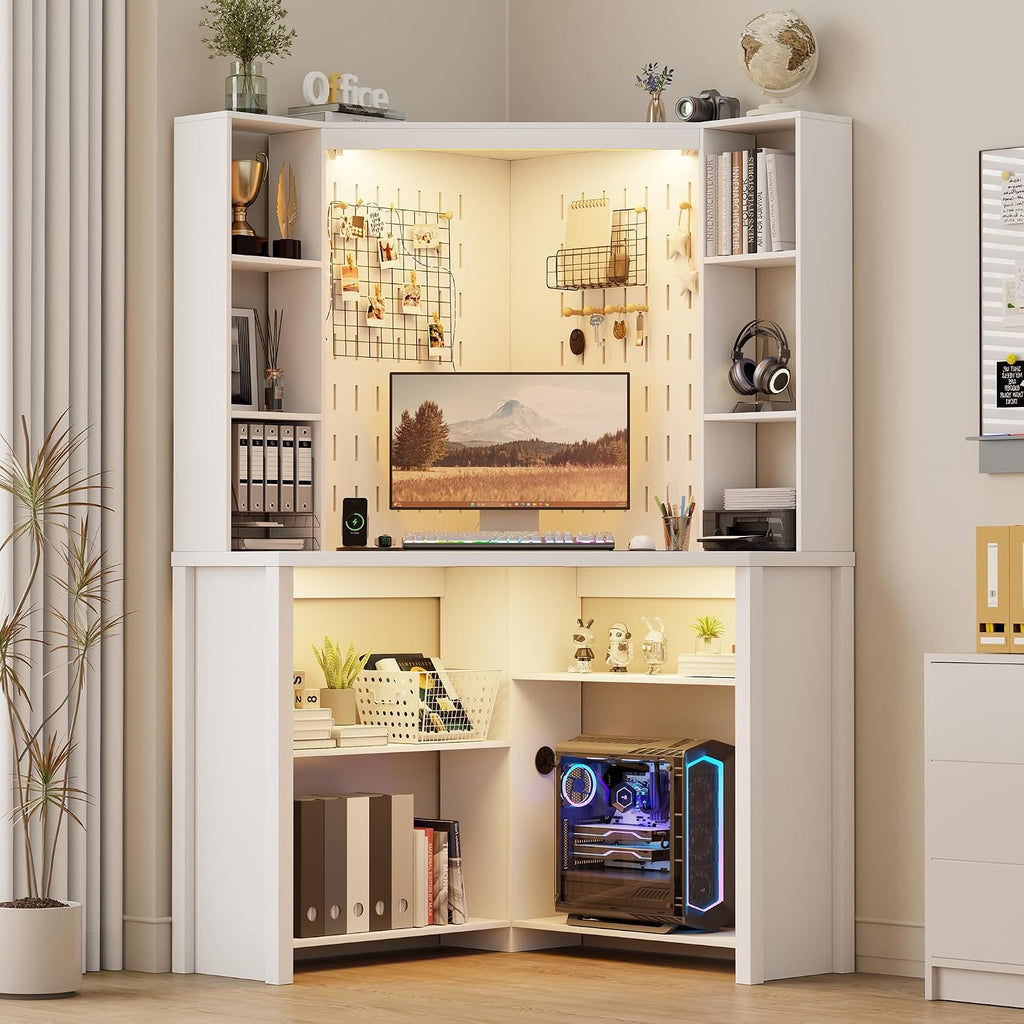 Corner Computer Desk with Hutch & Shelves and LED Reading Lights, White | 2 AC Outlets & USB & Type-C Charging Station, 3 Dimmable Lights, 6-Tiers Shelves, Fits Home Office, for Gaming and Work Use
