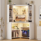 Corner Computer Desk with Hutch & Shelves and LED Reading Lights, White | 2 AC Outlets & USB & Type-C Charging Station, 3 Dimmable Lights, 6-Tiers Shelves, Fits Home Office, for Gaming and Work Use
