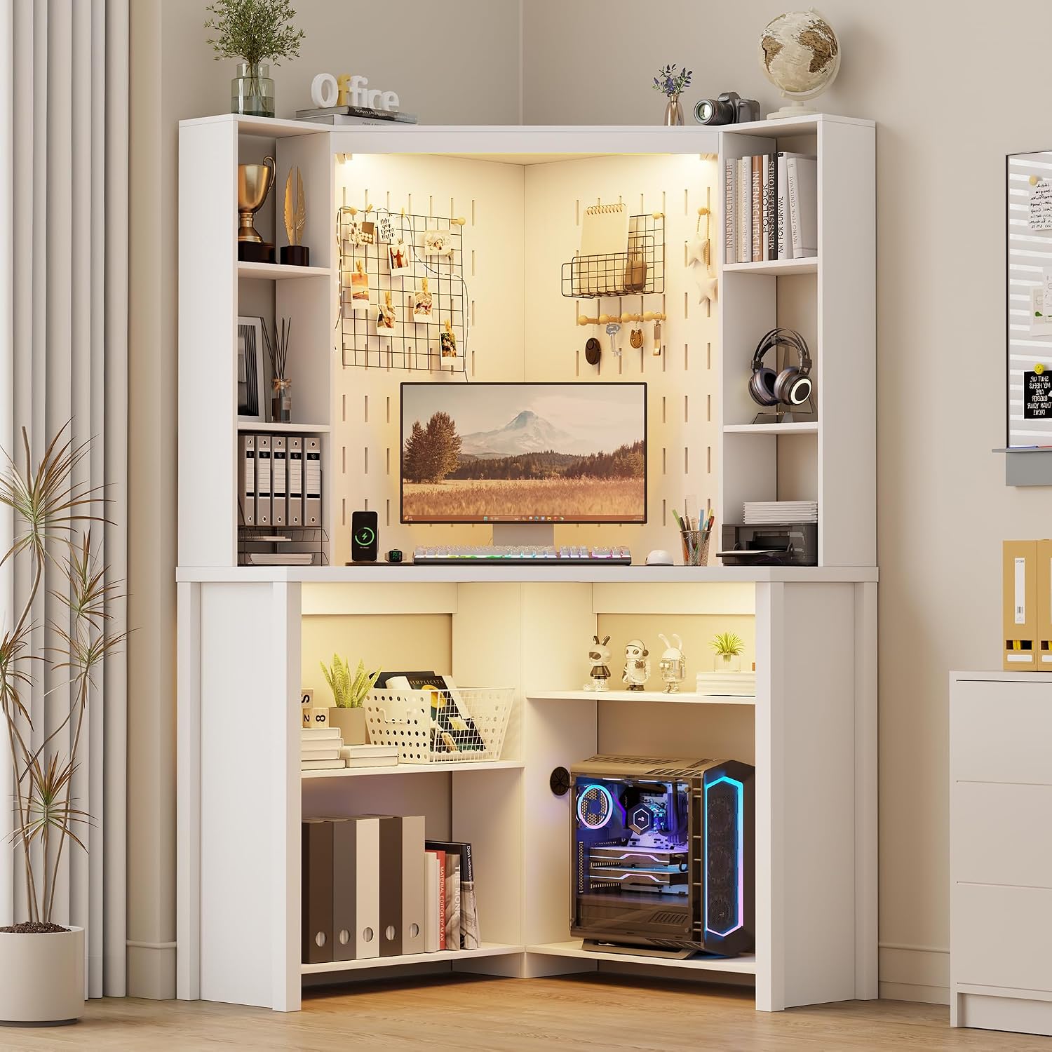 Corner Computer Desk with Hutch & Shelves and LED Reading Lights, White | 2 AC Outlets & USB & Type-C Charging Station, 3 Dimmable Lights, 6-Tiers Shelves, Fits Home Office, for Gaming and Work Use