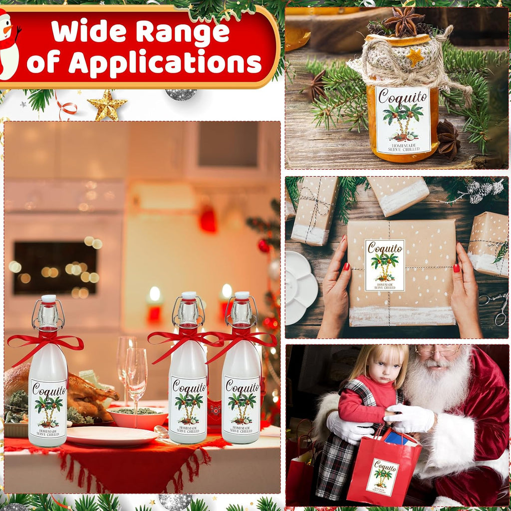 50 Sets Christmas Coquito Wine Bottle Label Stickers Kits - Cellophane Bags with Elegant Bottle Bow Decorations, Family Holiday Christmas New Year Party Supplies, Festive Table Decor (No Bottles)