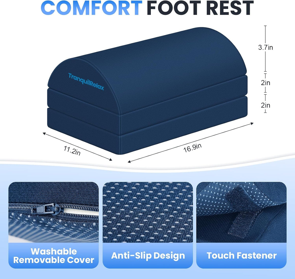 TranquilRelax Foot Rest Under Desk, 3-Height Adjustable Foot Stool, Blue