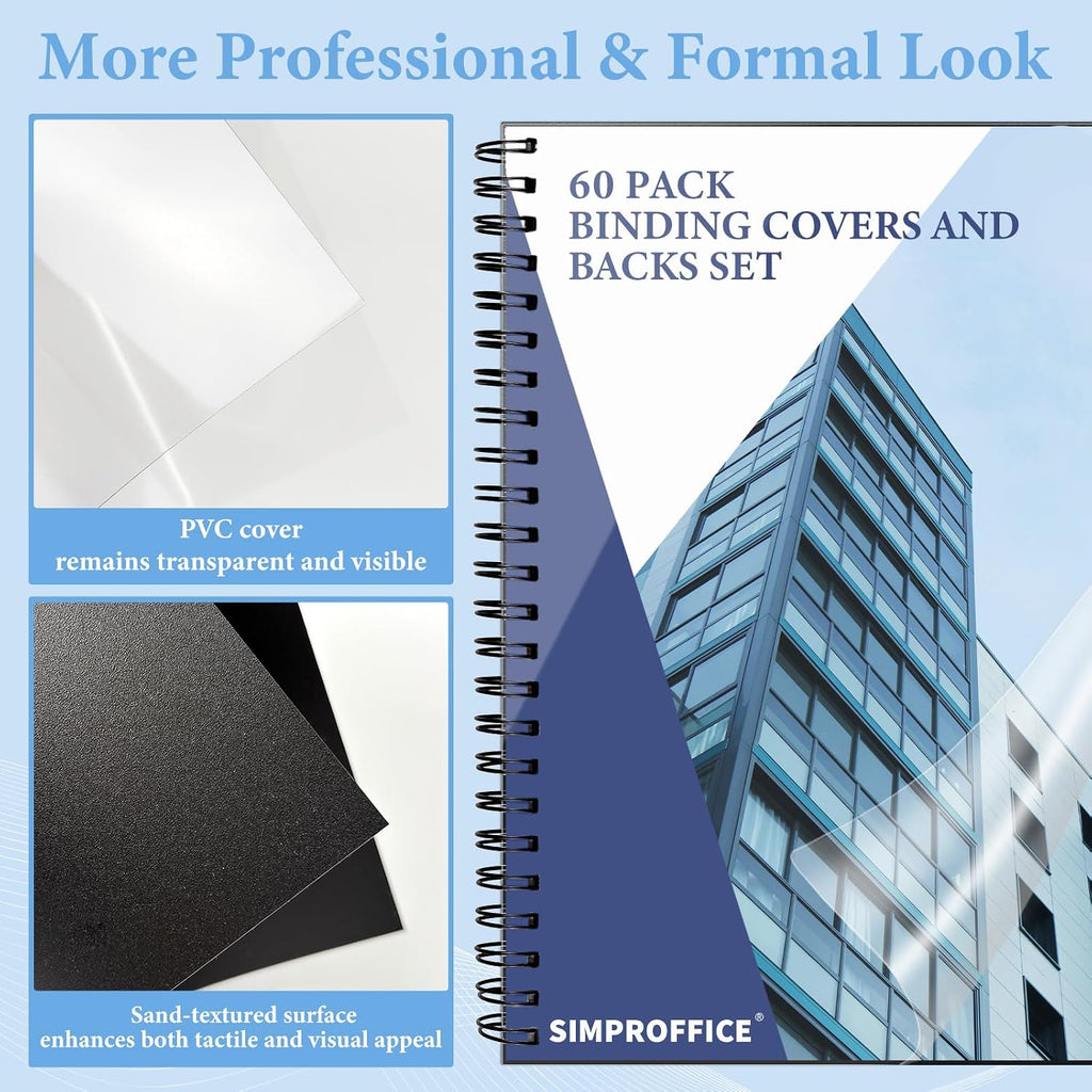 60 Pack Binding Covers and Backs, 10/12 Mil, 8.5X11" | Includes 30 Clear 10 Mil PVC Fronts and 30 Black 12 Mil Sand-Textured Backs for Letter Size Binding