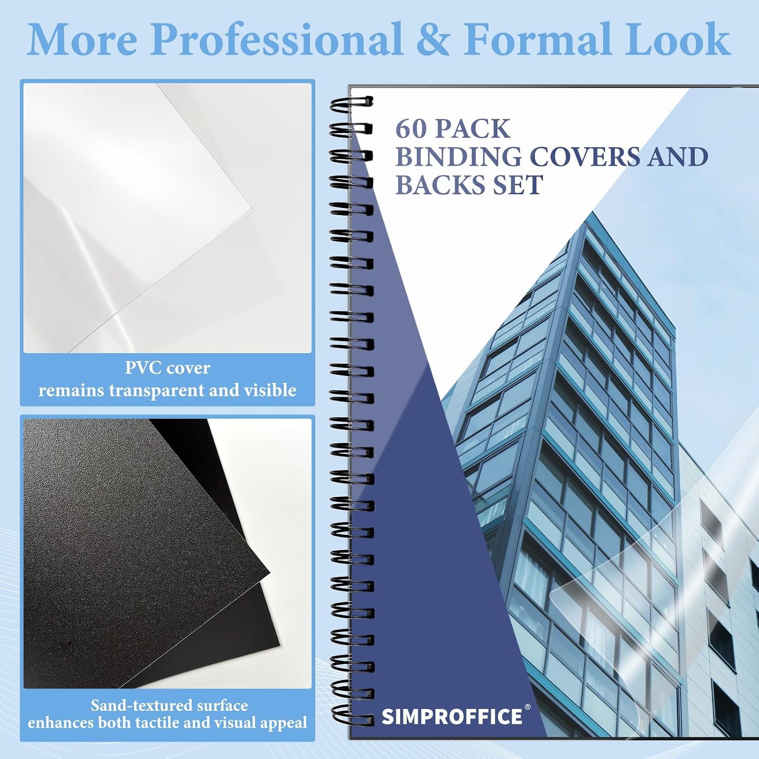 60 Pack Binding Covers and Backs, 10/12 Mil, 8.5X11" | Includes 30 Clear 10 Mil PVC Fronts and 30 Black 12 Mil Sand-Textured Backs for Letter Size Binding