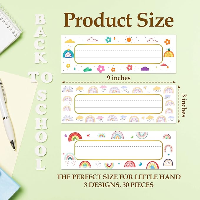 30 Name Tags for Classroom Cubbies, 3x9 in Boho Rainbow Name Plates for Desks - Image 2