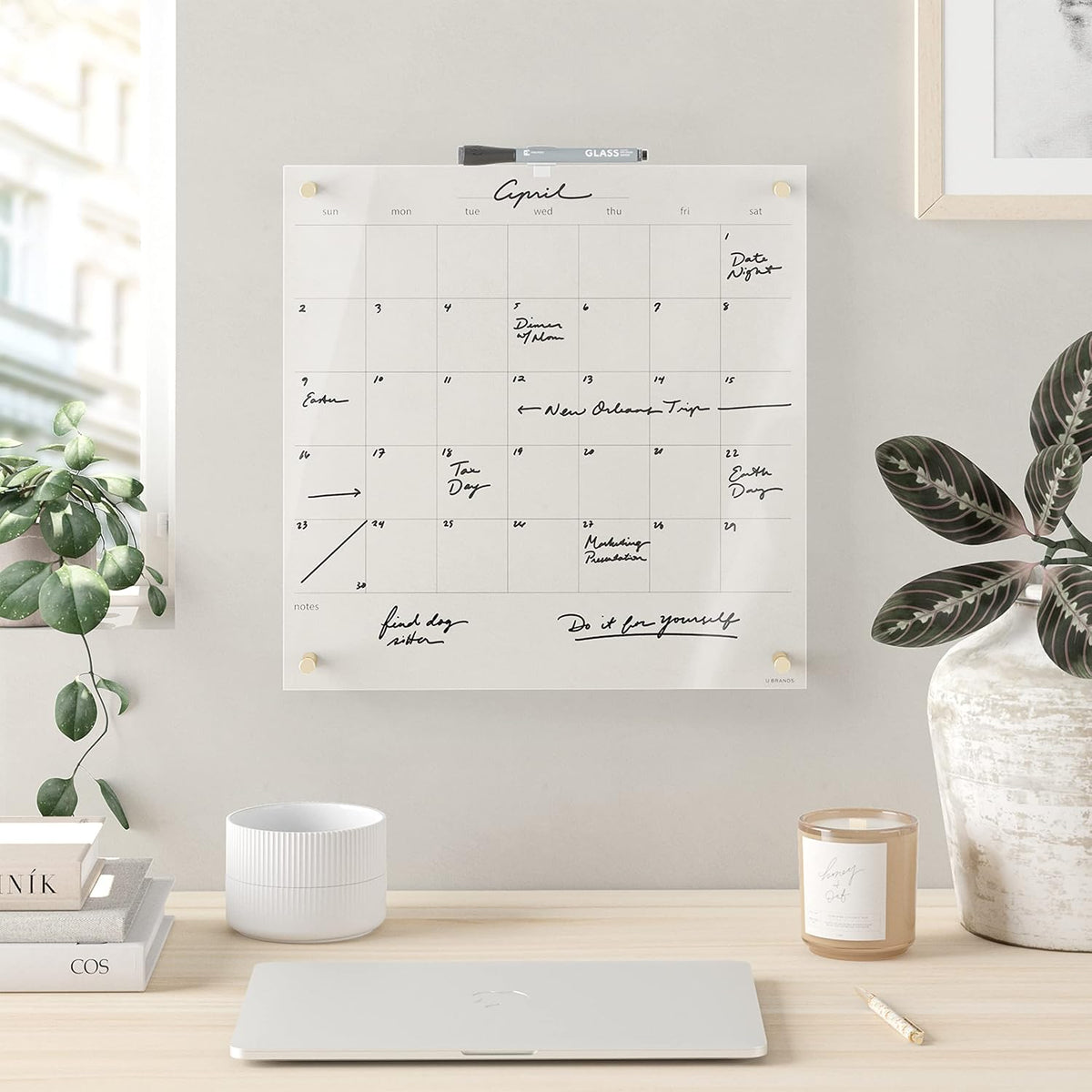 U Brands Clear Acrylic Dry Erase White Board for Wall, Calendar, Gold