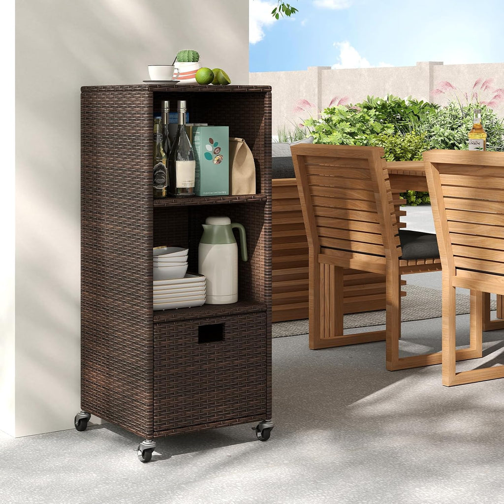 tangkula rattan outdoor storage cabinet with 4 wheels showing dimensions
