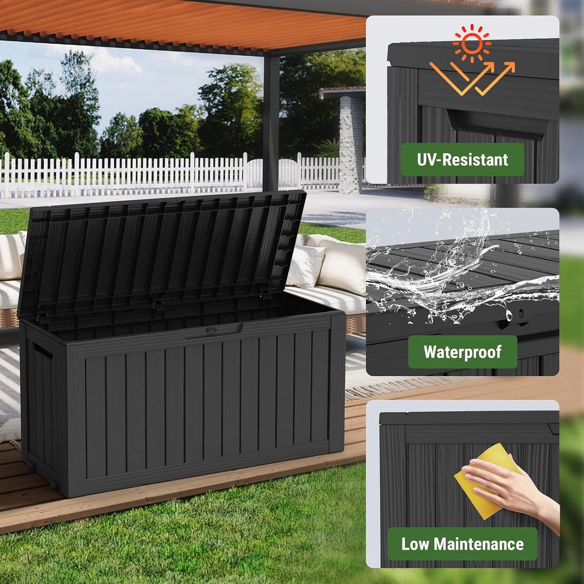 Mars Villa 75 Gallon Outdoor Storage Box, Patio Deck Box Waterproof, Black