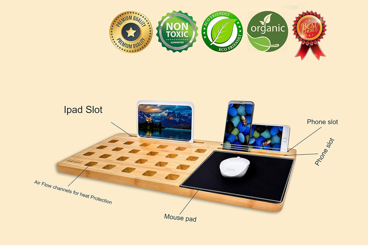 BOOKAHOLIC Lap Desk| Enhanced Organic Bamboo Lap Tray with Vent Holes & B...