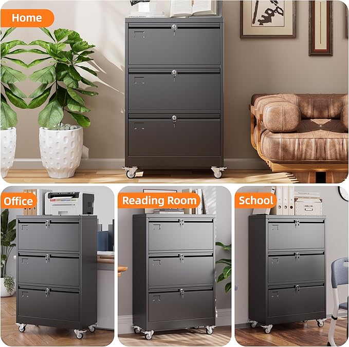 METAN Upgrade 3 Drawers Lateral File Cabinet on Wheels, Steel Office Filing - Image 7