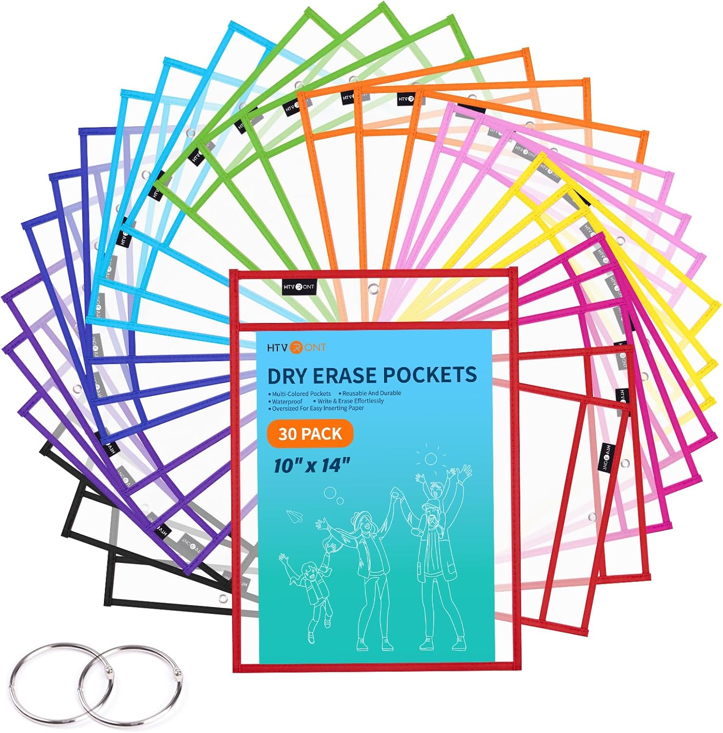 HTVRONT Oversized Dry Erase Pockets 10" x14", 30 Pack, for Classrooms | Back to School Supplies, Reusable Clear Sleeves with Rings, Plastic Sheet Protectors for Shops, Ticket Holders, Home & Office