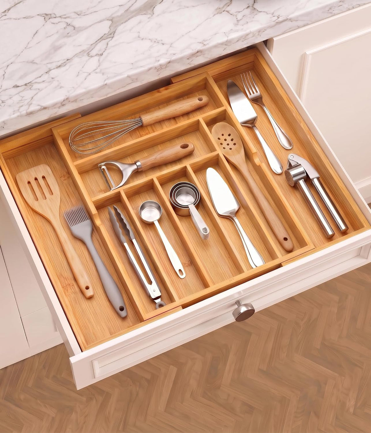 Expandable Bamboo Silverware Organizer, Kitchen Utensil Drawer Organizer