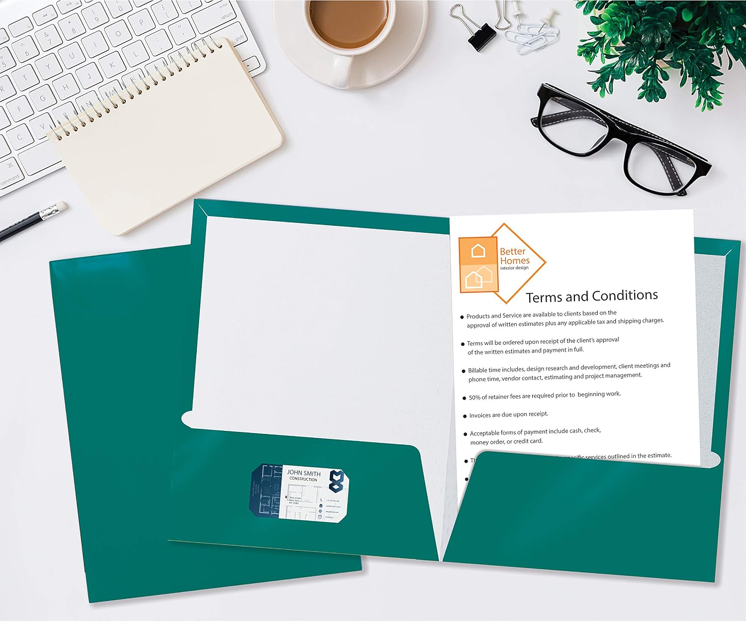 2 Pocket Glossy Laminated Paper FOLDERS Portfolio Letter Size, Teal, 25PK