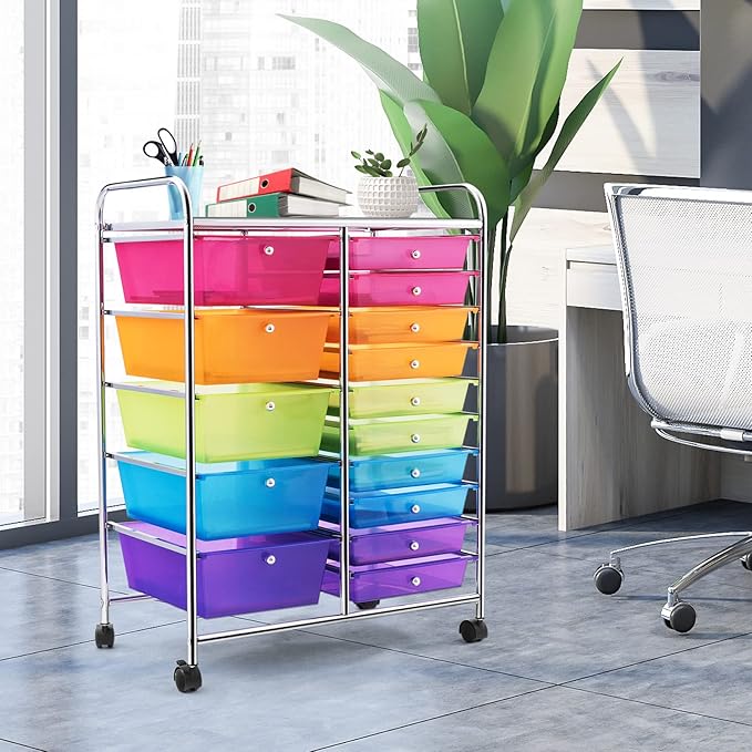 COSTWAY 15 Drawer Rolling Storage Cart, Utility Tools Paper Organizer on Wheels - Image 8