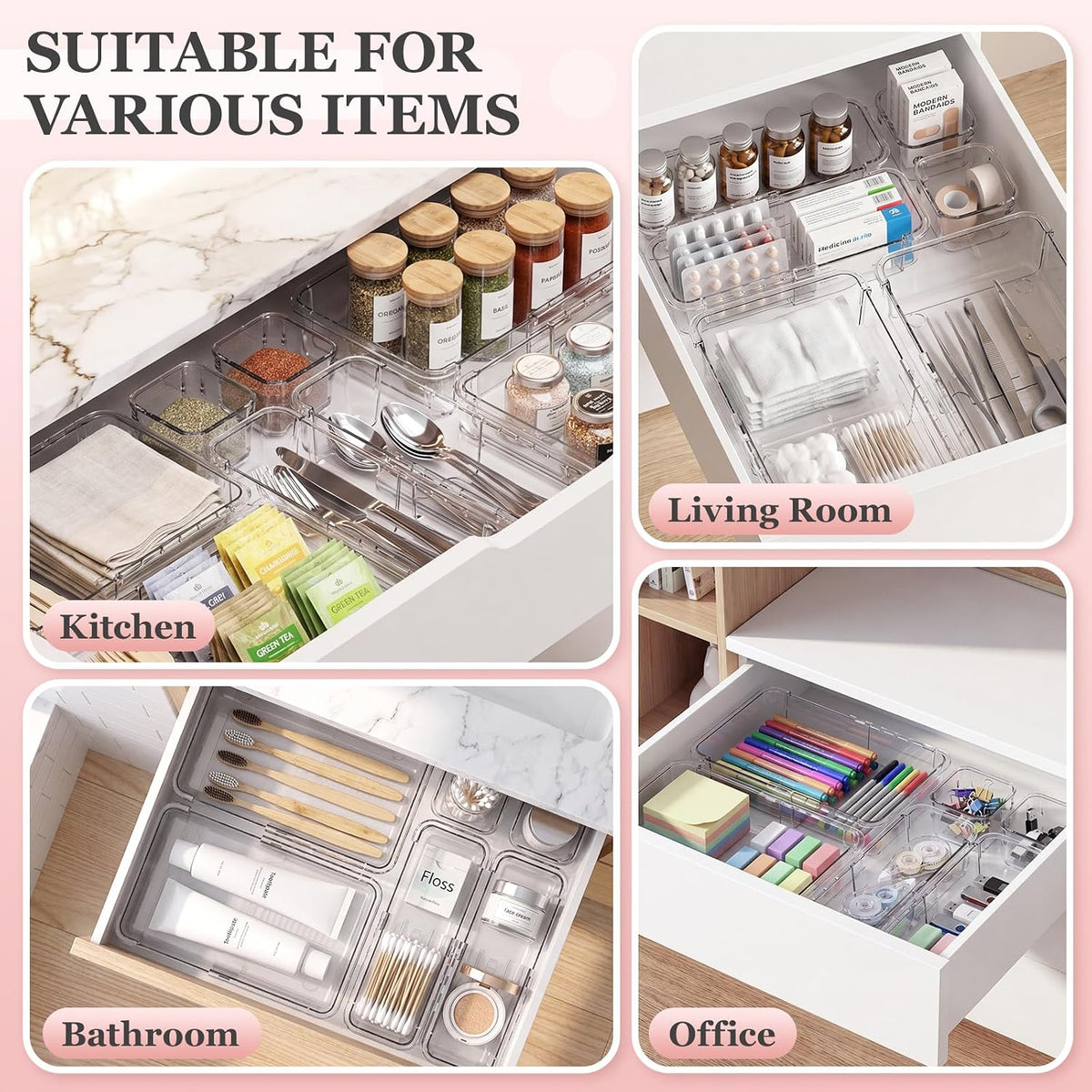 DILIBRA 16 Pcs Clear Extendable Drawer Organizer, 3-Size Adjustable