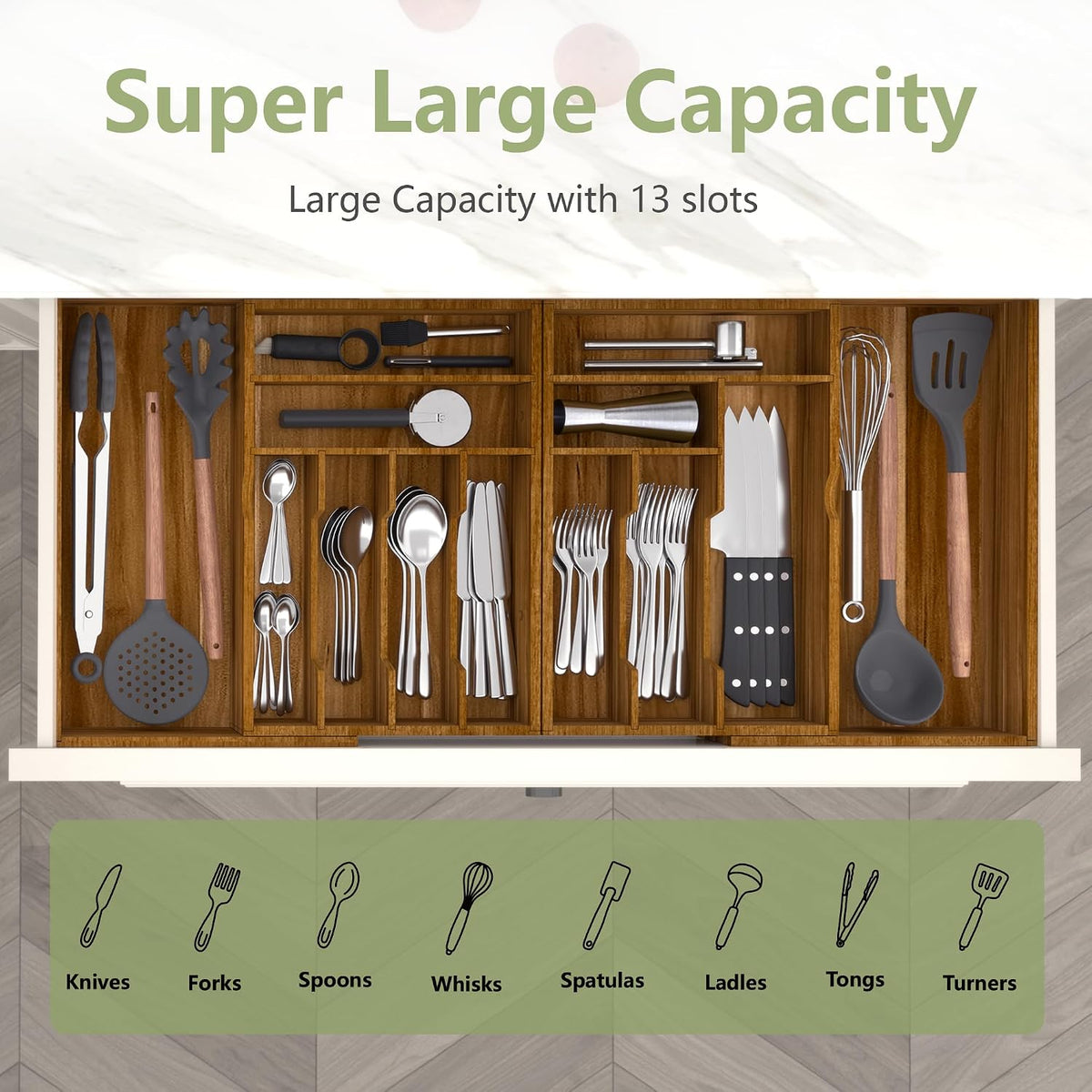 Suli Extra Large Silverware Drawer Organizer,Expandable 22in to 37in,Acacia