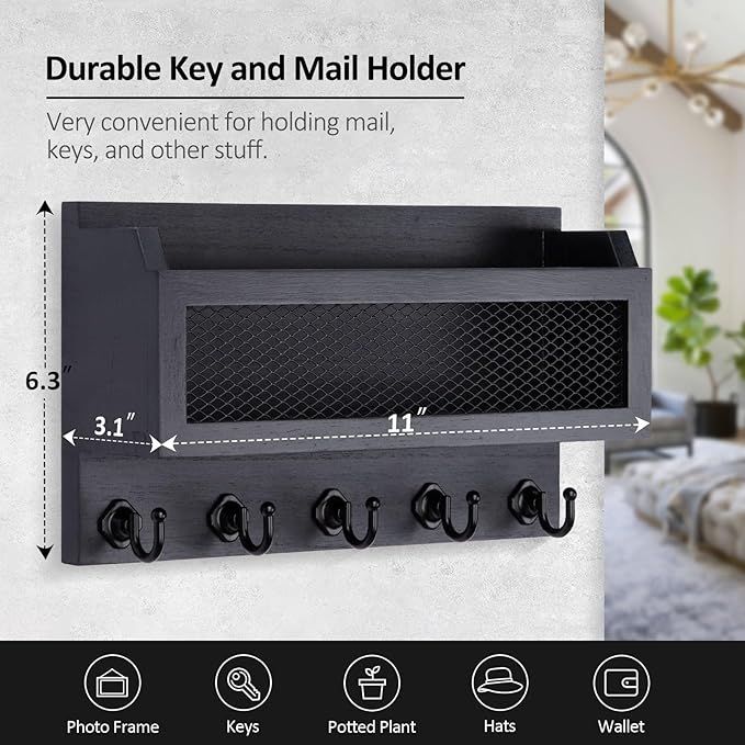 Nekon Mail and Key Holder for Wall Decorative, 11 Inch Wooden Wall Key Organizer - Image 6