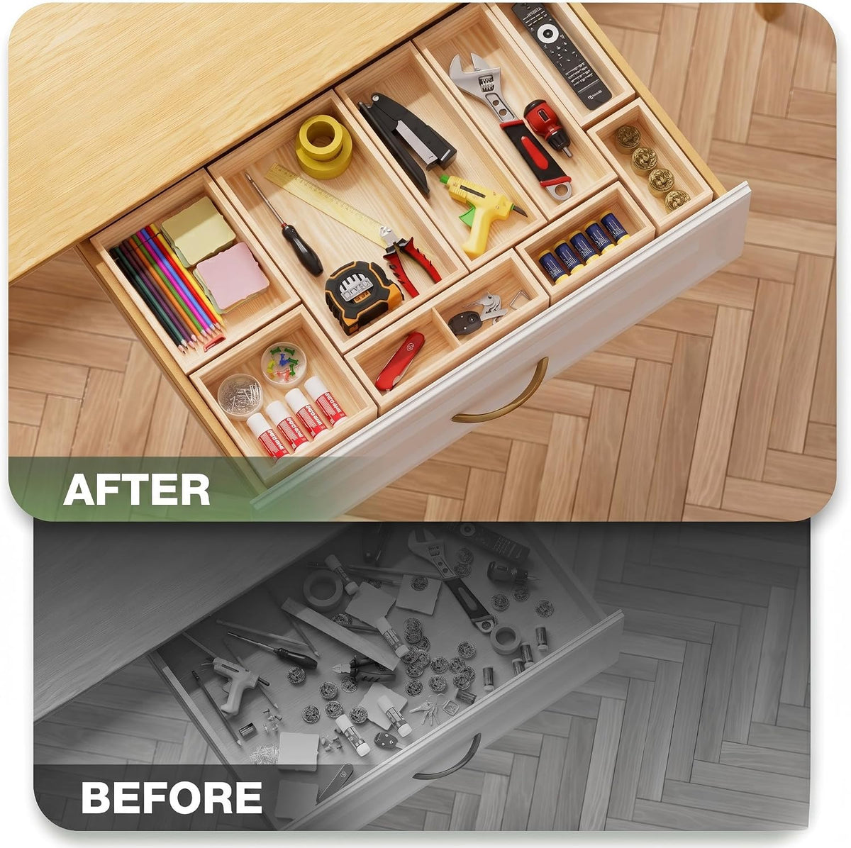 9-Pack Solid Wood Junk Drawer Organizer, Modular Desk Drawer Tray & Acces...