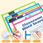 GAMENOTE 30 Pack Dry Erase Pockets, 10x14 Reusable Sleeves, 10 Colors | 30 reusable PVC pockets hold 8.5 x 11 and 9 x 12 sheets; double sided wipe clean surfaces, pen loops, eyelets, and 5 rings
