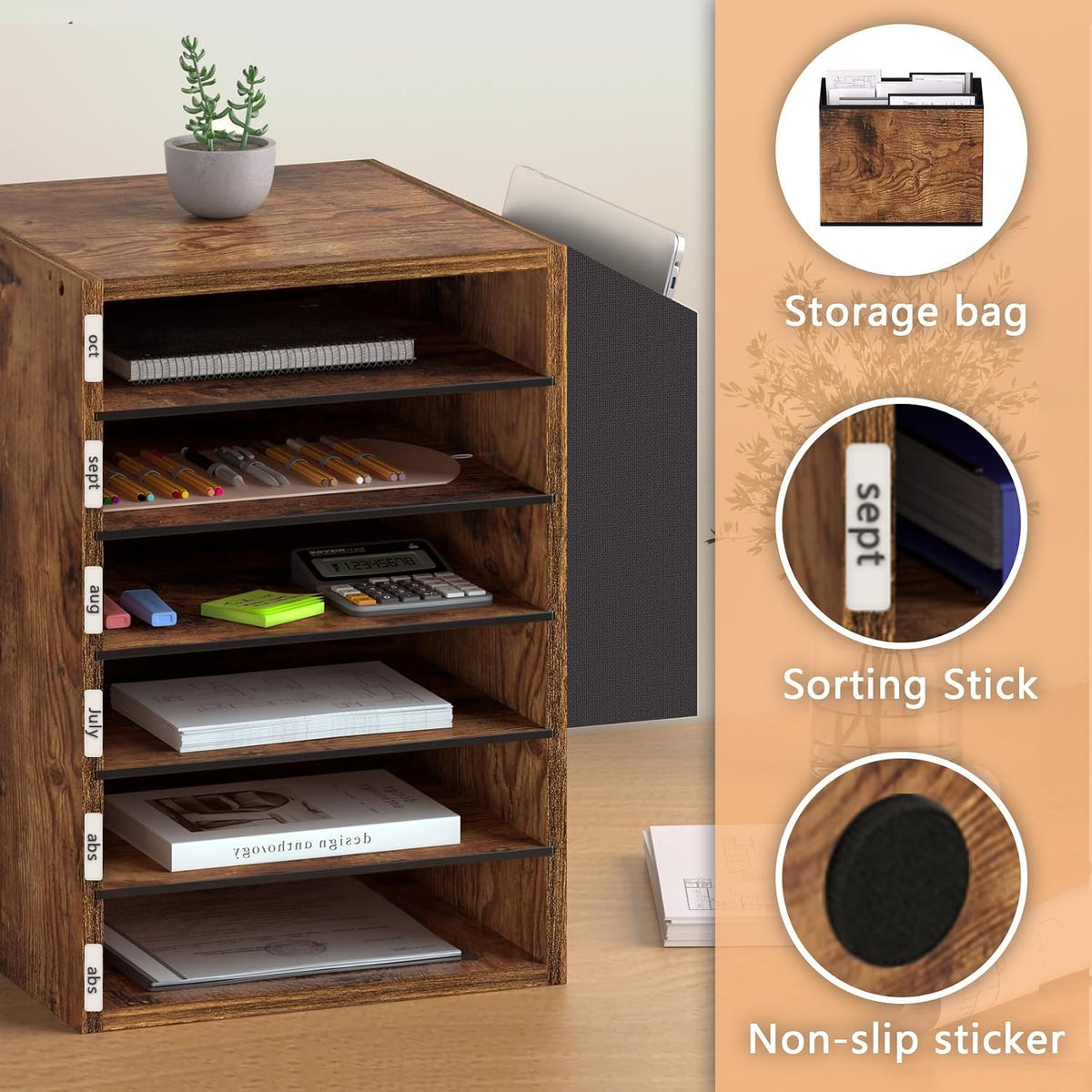 Unionly 6 Tier Adjustable Mail Sorter,Wood Paper Organizer for Class,Office