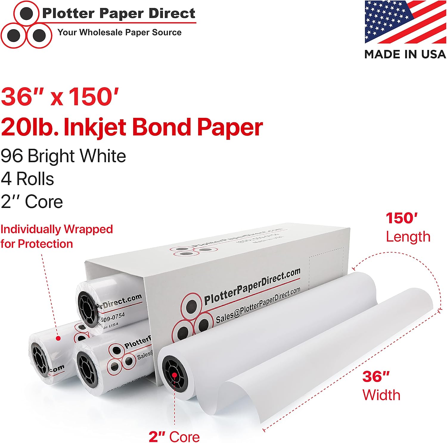 Plotter Paper Direct (20lb, Uncoated | 4 Rolls, 2" Core | 36 In x 150 Ft) for CAD Printing on Wide Format Ink Jet Printers