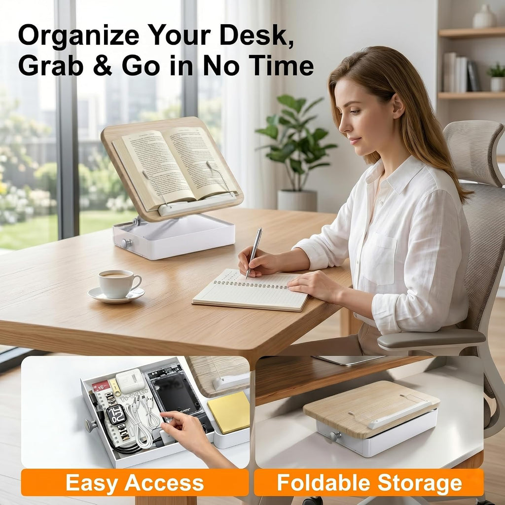 Book Stand with Storage, Wooden Book Holder for Desk, Hands-Free Reading | Ergonomic Adjustable Height & Angle, For Textbooks, Cookbooks, Documents (White, 9.8" x 13.8" Large Panel)