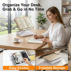 Book Stand with Storage, Wooden Book Holder for Desk, Hands-Free Reading | Ergonomic Adjustable Height & Angle, For Textbooks, Cookbooks, Documents (White, 9.8" x 13.8" Large Panel)