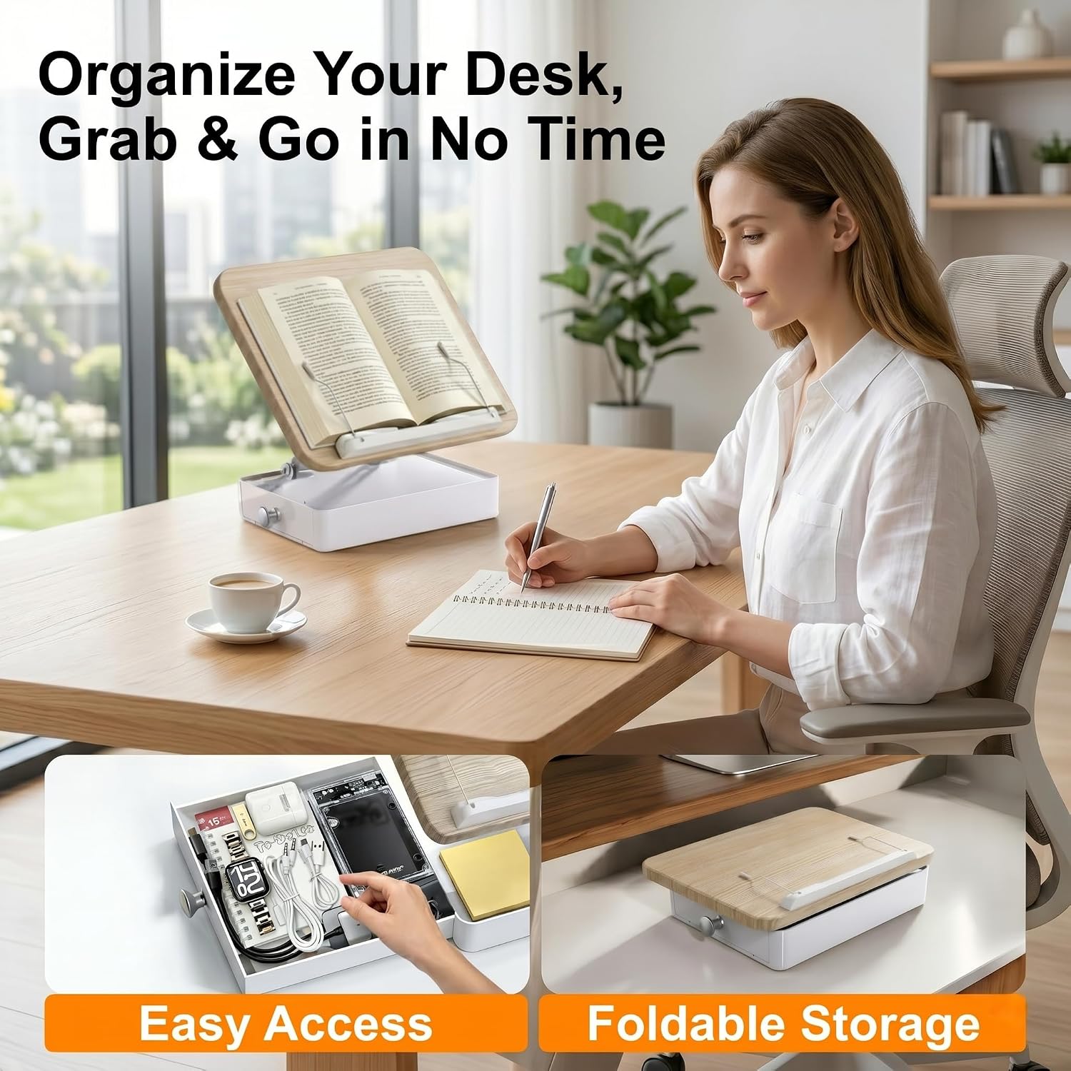 Book Stand with Storage, Wooden Book Holder for Desk, Hands-Free Reading | Ergonomic Adjustable Height & Angle, For Textbooks, Cookbooks, Documents (White, 9.8" x 13.8" Large Panel)
