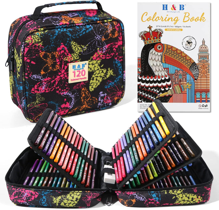 H & B 120 Colored Pencils for Adults & Beginners with Case & Coloring Book