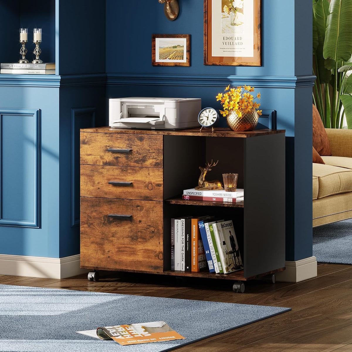 DEVAISE 3-Drawer Mobile File Cabinet, Lateral Filing Cabinet, Rustic Brown